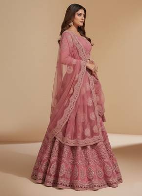 Pink Cording & Thread With Stone All Over Net Lehenga Choli with Dupatta 4