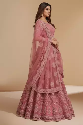 Pink Cording & Thread With Stone All Over Net Lehenga Choli with Dupatta