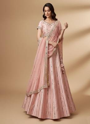 Pink Heavy Embroidred With Real Mirron, Zarkan Heavy Silk Lehenga Choli with Dupatta 1