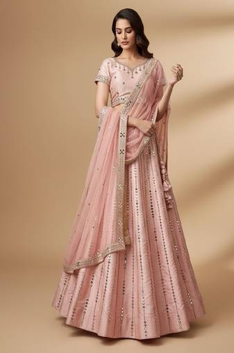 Pink Heavy Embroidred With Real Mirron, Zarkan Heavy Silk Lehenga Choli with Dupatta