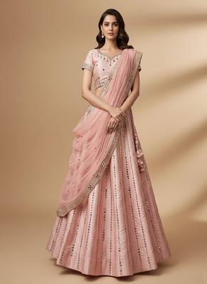Pink Heavy Embroidred With Real Mirron, Zarkan Heavy Silk Lehenga Choli with Dupatta 2