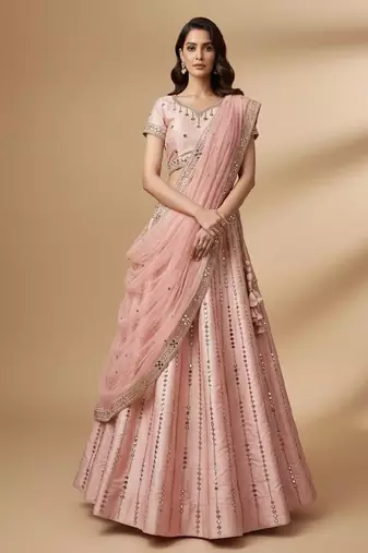 Pink Heavy Embroidred With Real Mirron, Zarkan Heavy Silk Lehenga Choli with Dupatta