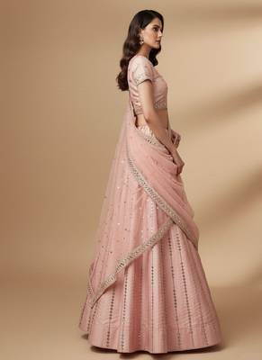 Pink Heavy Embroidred With Real Mirron, Zarkan Heavy Silk Lehenga Choli with Dupatta 4