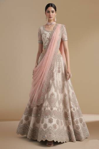 Off White Cording, Thread, Patch & Sequence Embroidery With Zarkan Embellishments Net Lehenga Choli with Dupatta
