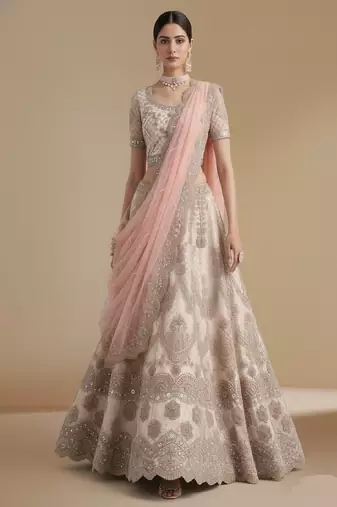 Off White Cording, Thread, Patch & Sequence Embroidery With Zarkan Embellishments Net Lehenga Choli with Dupatta