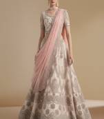 Off White Cording, Thread, Patch & Sequence Embroidery With Zarkan Embellishments Net Lehenga Choli with Dupatta