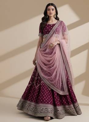 Magenta Cording, Thread, & Sequence Embroidery In Bandhani Style Silk Georgette Lehenga Choli with Dupatta 1