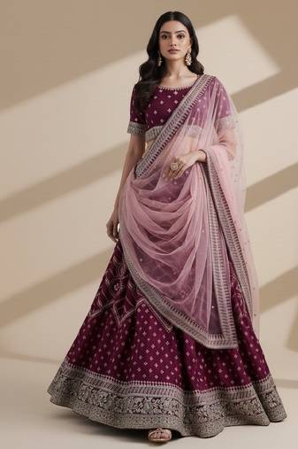 Magenta Cording, Thread, & Sequence Embroidery In Bandhani Style Silk Georgette Lehenga Choli with Dupatta