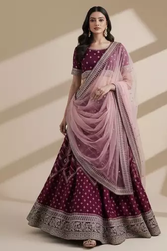 Magenta Cording, Thread, & Sequence Embroidery In Bandhani Style Silk Georgette Lehenga Choli with Dupatta