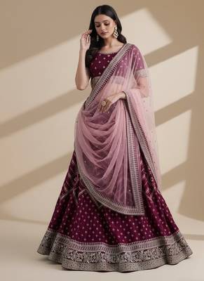 Magenta Cording, Thread, & Sequence Embroidery In Bandhani Style Silk Georgette Lehenga Choli with Dupatta 2