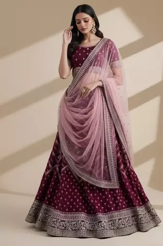Magenta Cording, Thread, & Sequence Embroidery In Bandhani Style Silk Georgette Lehenga Choli with Dupatta