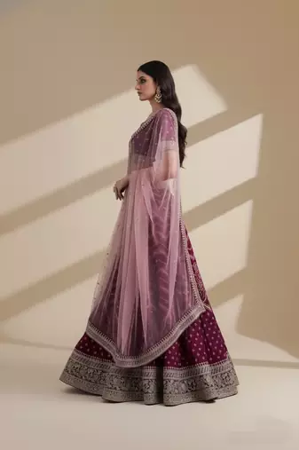 Magenta Cording, Thread, & Sequence Embroidery In Bandhani Style Silk Georgette Lehenga Choli with Dupatta