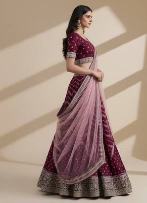 Magenta Cording, Thread, & Sequence Embroidery In Bandhani Style Silk Georgette Lehenga Choli with Dupatta 4
