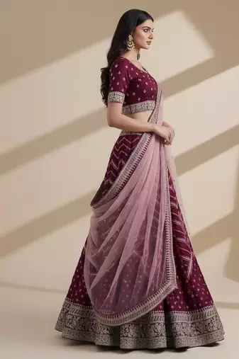 Magenta Cording, Thread, & Sequence Embroidery In Bandhani Style Silk Georgette Lehenga Choli with Dupatta