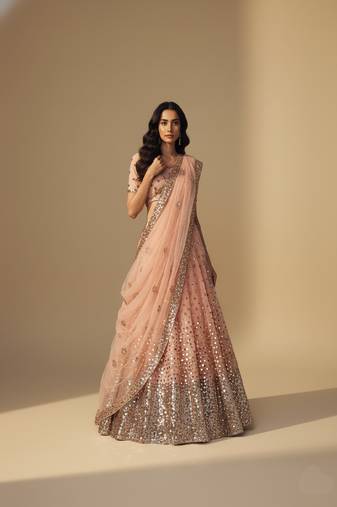 Light Peach Pink Sequince, Thread With Zari Soft Net Lehenga Choli with Dupatta