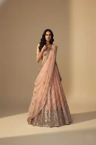 Light Peach Pink Sequince, Thread With Zari Soft Net Lehenga Choli with Dupatta