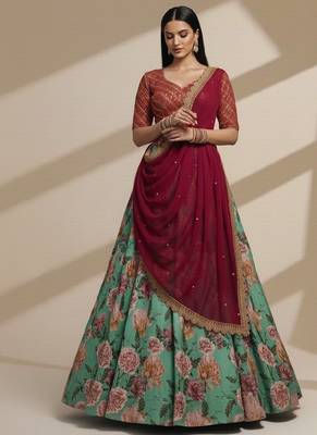 Blue Printed, Sequince, Thread With Zari Organza Lehenga Choli with Dupatta 1