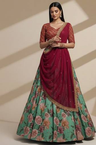 Blue Printed, Sequince, Thread With Zari Organza Lehenga Choli with Dupatta