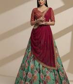 Blue Printed, Sequince, Thread With Zari Organza Lehenga Choli with Dupatta