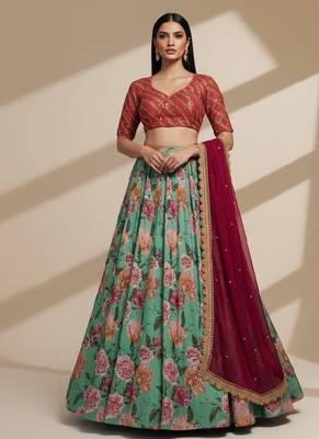Blue Printed, Sequince, Thread With Zari Organza Lehenga Choli with Dupatta 2