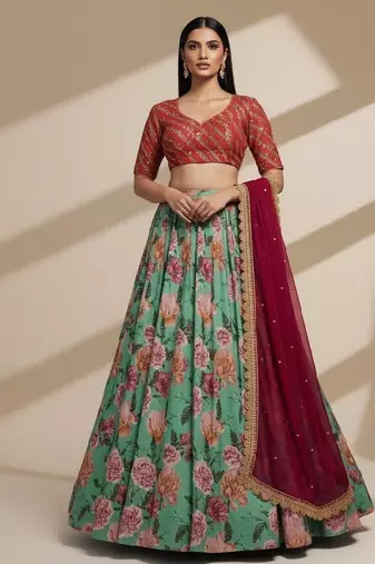 Blue Printed, Sequince, Thread With Zari Organza Lehenga Choli with Dupatta