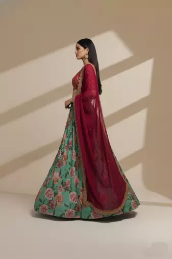 Blue Printed, Sequince, Thread With Zari Organza Lehenga Choli with Dupatta
