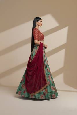 Blue Printed, Sequince, Thread With Zari Organza Lehenga Choli with Dupatta 4