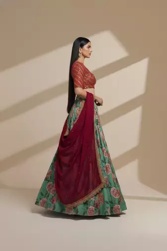 Blue Printed, Sequince, Thread With Zari Organza Lehenga Choli with Dupatta
