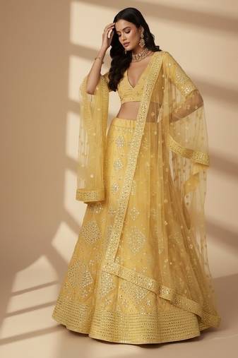 Yellow Thread, Foil Mirror Organza Lehenga Choli with Dupatta