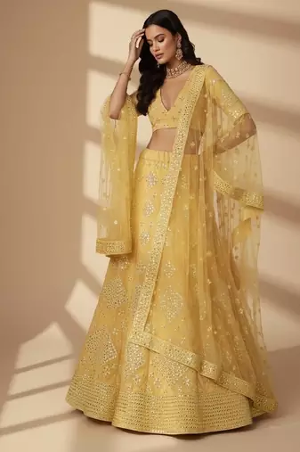 Yellow Thread, Foil Mirror Organza Lehenga Choli with Dupatta