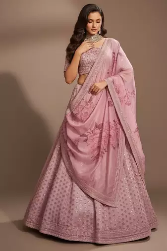 Pink Printed, Sequince, Thread With Zari Art Silk Lehenga Choli with Dupatta