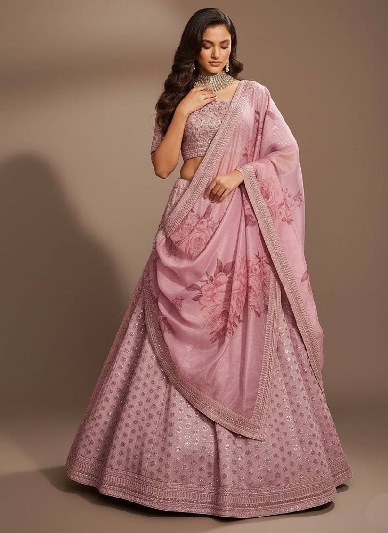Pink Printed, Sequince, Thread With Zari Art Silk Lehenga Choli with Dupatta