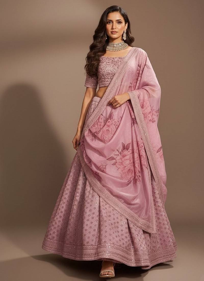 Pink Printed, Sequince, Thread With Zari Art Silk Lehenga Choli with Dupatta