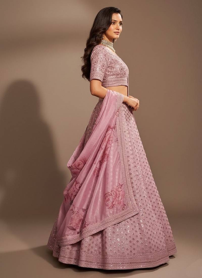 Pink Printed, Sequince, Thread With Zari Art Silk Lehenga Choli with Dupatta