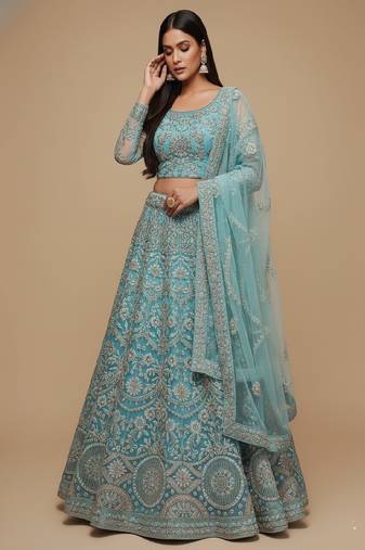 Blue Thread, Zari, Badal & Glitter Dori, Embroidery Soft Net Lehenga Choli with Dupatta