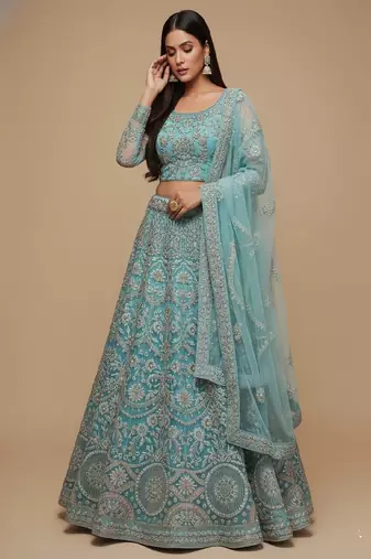 Blue Thread, Zari, Badal & Glitter Dori, Embroidery Soft Net Lehenga Choli with Dupatta