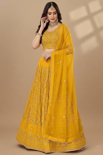 Yellow Multi Needle , Sequence 5mm , Coding work, Embroidery , Zari Fox Georgette Lehenga Choli with Dupatta