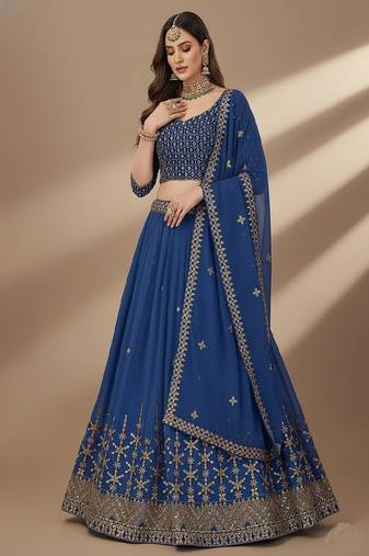 Blue Sequence 9mm , Embroidery Thread , Zari Georgette Lehenga Choli with Dupatta