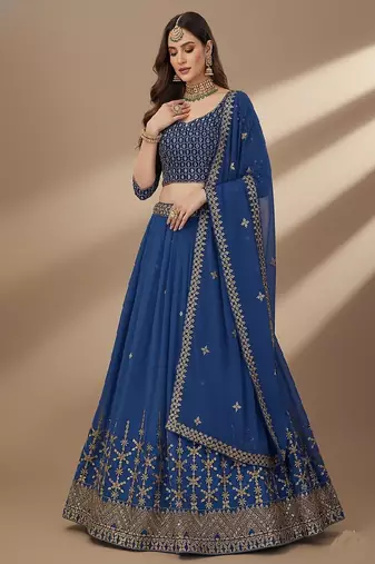 Blue Sequence 9mm , Embroidery Thread , Zari Georgette Lehenga Choli with Dupatta