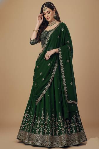 Green Sequence 9mm , Embroidery Thread , Zari Georgette Lehenga Choli with Dupatta