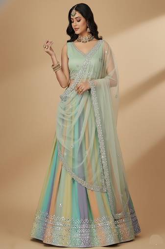 Multi Multi Needle , Sequence 9mm , Coding work, Embroidery , Zari Faux Georgette Lehenga Choli with Dupatta