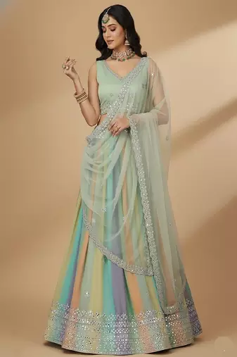 Multi Multi Needle , Sequence 9mm , Coding work, Embroidery , Zari Faux Georgette Lehenga Choli with Dupatta