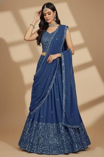 Blue Multi Needle , Sequence 9mm , Embroidery , Zari Faux Georgette Lehenga Choli with Dupatta