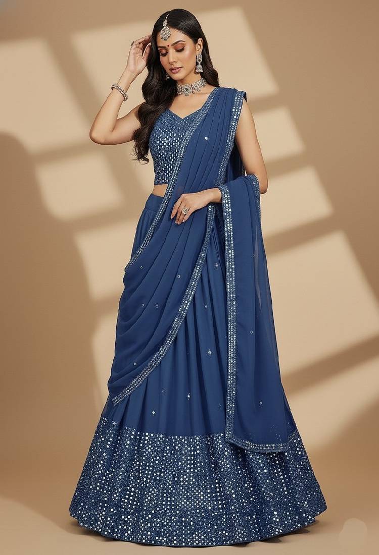 Blue Multi Needle , Sequence 9mm , Embroidery , Zari Faux Georgette Lehenga Choli with Dupatta