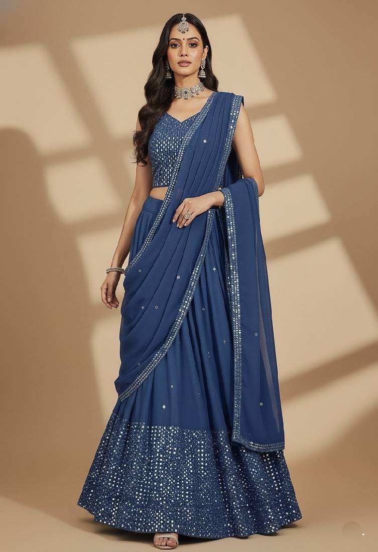 Blue Multi Needle , Sequence 9mm , Embroidery , Zari Faux Georgette Lehenga Choli with Dupatta