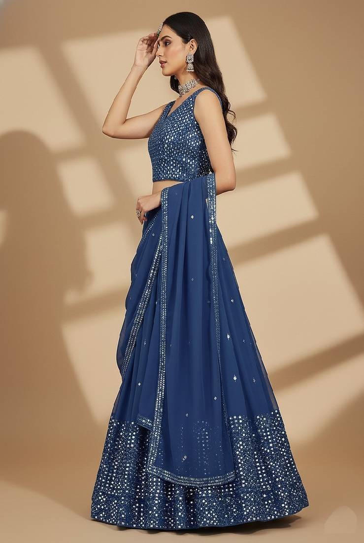 Blue Multi Needle , Sequence 9mm , Embroidery , Zari Faux Georgette Lehenga Choli with Dupatta