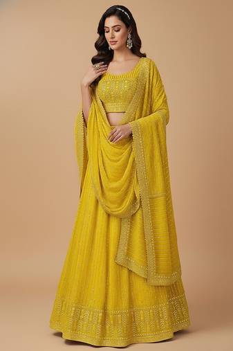 Yellow Multi Needle , 3mm Sequence , Coding , Embroidery , Zari Faux Georgette Lehenga Choli with Dupatta