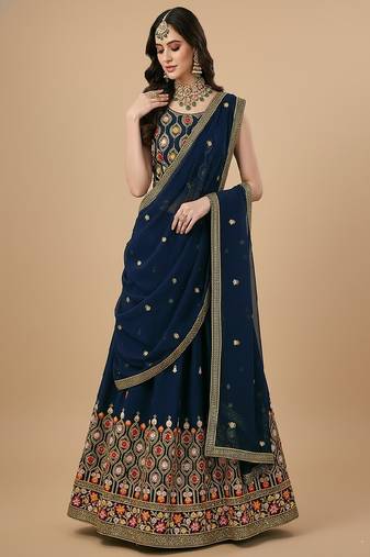 Navy Blue Multi Needle , Sequence 5mm , Coding , Embroidery , Zari Faux Georgette Lehenga Choli with Dupatta