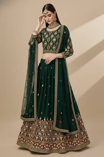 Green Multi Needle , Sequence 5mm , Coding , Embroidery , Zari Faux Georgette Lehenga Choli with Dupatta