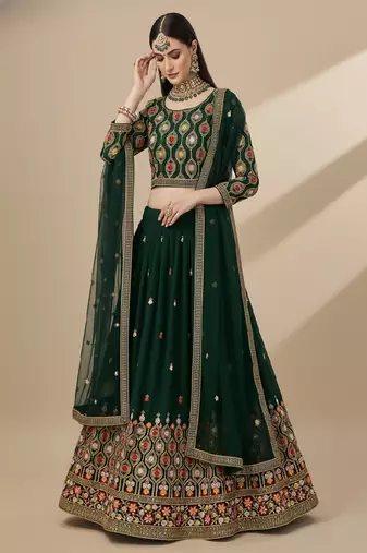 Green Multi Needle , Sequence 5mm , Coding , Embroidery , Zari Faux Georgette Lehenga Choli with Dupatta